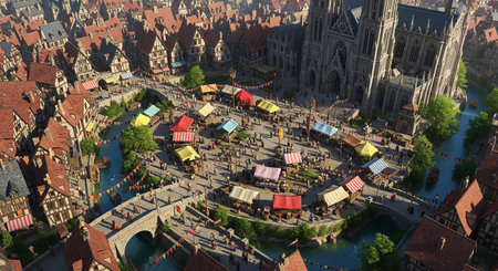 High-angle view of a lively medieval marketplace with colorful stalls, set on a bridge and square beside a magnificent cathedral.の素材