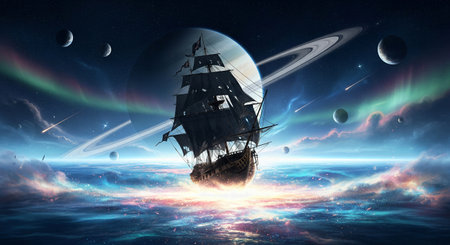 A majestic sailing ship floats on a glowing celestial sea, under a starry sky with planets and colorful auroras.の素材