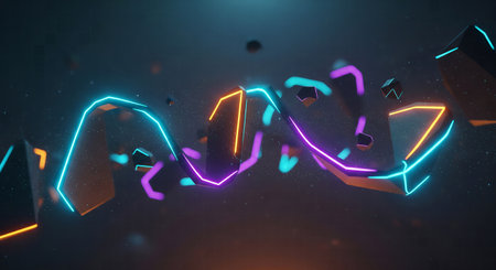 Abstract Neon Glowing DNA Helix Structure in Dark Space with Low-Poly Geometric Elementsの素材