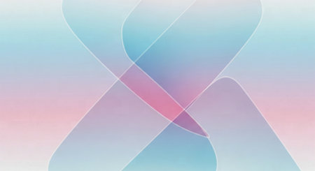 Minimalist abstract background with two large, overlapping translucent ribbons in soft pastel blue and pinkの素材