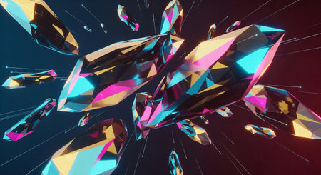 Abstract 3D render of sharp, colorful crystals and gemstones exploding across a dark spaceの素材