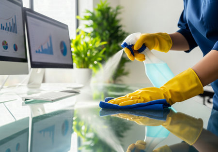 Hands in yellow gloves cleaning a glass desktop with spray and a blue clothの素材