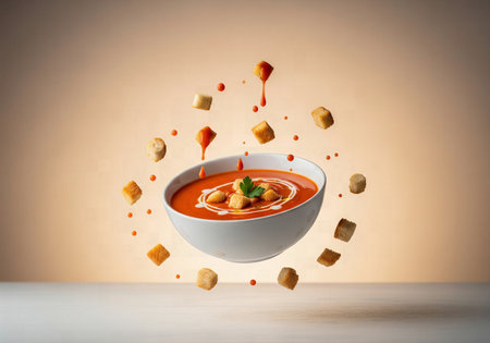 Tomato cream soup with croutons and cream art floating in a white bowl with minimalist backgroundの素材