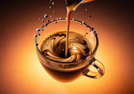 Coffee pouring into a glass cup with a visible crema swirl and floating espresso droplets on an orange glowの素材