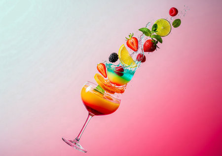 Colorful cocktail and a cascade of fruits and liquid splashing out of a martini glassの素材