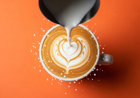Barista pouring milk to create heart-shaped latte art in a white coffee cup on an orange backgroundの素材