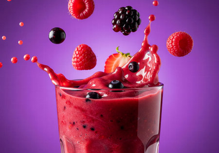 Mixed berry smoothie with falling berries and a dynamic splash against a purple backgroundの素材
