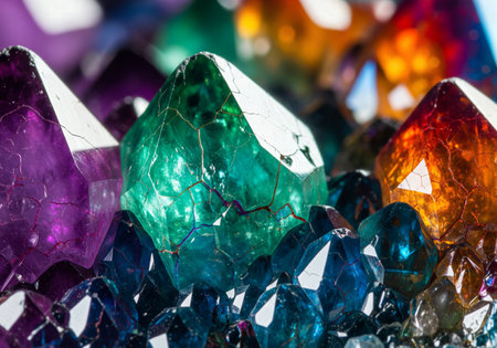 Close-up of vibrant, colorful, fractured crystalline quartz geodes or gemstone pointsの素材