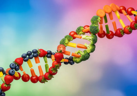 Double helix DNA structure creatively made from fresh fruits and vegetables against a colorful backgroundの素材