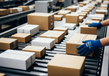 Hands in blue gloves moving cardboard boxes on a conveyor belt in a logistics warehouse or factoryの素材