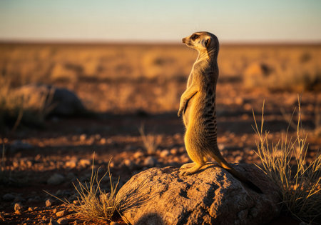 A meerkat standing tall on a rock in the arid African savannah at golden hour sunsetの素材