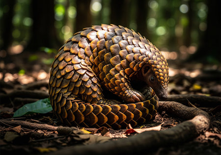 Critically endangered pangolin curled into a protective ball on the dark rainforest floorの素材