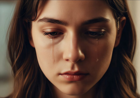 Intimate close-up portrait of a woman with tears running down her cheeks looking downの素材