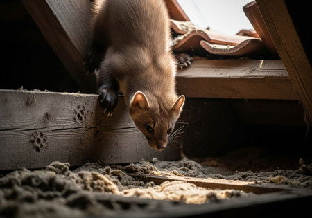 Marten Peeking into House Attic from Roof Openingの素材