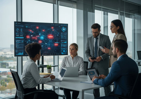 Business team collaborating around a table in a dynamic, modern officeの素材