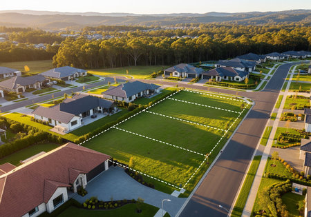 Elevated View of Residential Street with Marked Building Plotsの素材