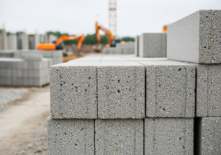 Pile of Gray Concrete Blocks on a Construction Siteの素材