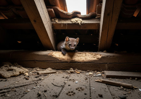 Marten Looking Directly into Camera from House Atticの素材