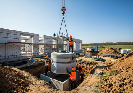Construction Workers Installing Concrete Cistern with Crane on Building Siteの素材