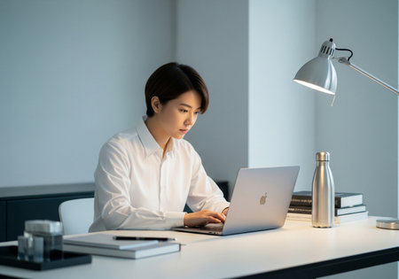 Focused Young Woman Working on Laptop in Minimalist Office Settingの素材