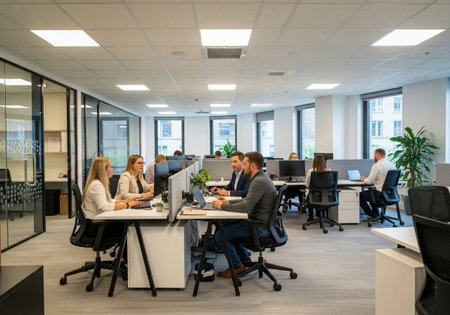 Female business executive giving a presentation in a sleek office with a screenの素材