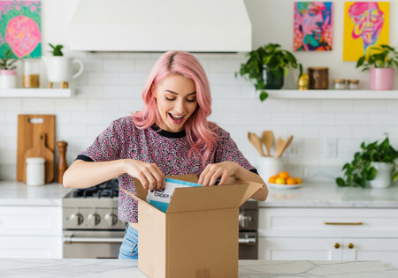 Happy woman with pink hair unboxing a delivery package in her kitchenの素材