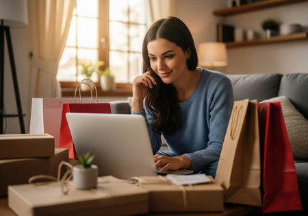 Smiling woman online shopping on a laptop with shopping bags at homeの素材