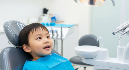Young boy sitting in a dental chair looking up with anticipationの素材