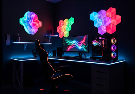 Dynamic gaming PC setup with hexagonal LED wall lights and vibrant screenの素材