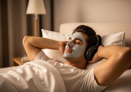 Man with Face Mask and Headphones Relaxing in Bedの素材