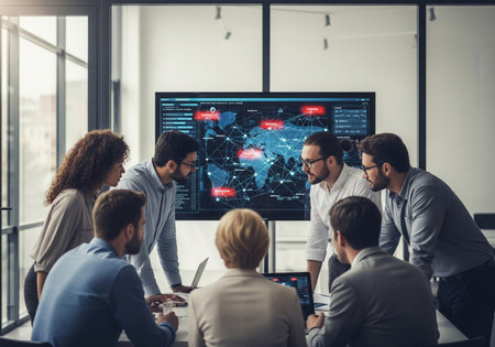 Two business professionals reviewing documents on a tablet in a modern officeの素材