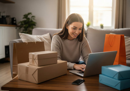 Woman online shopping on a laptop surrounded by gift boxes and bagsの素材