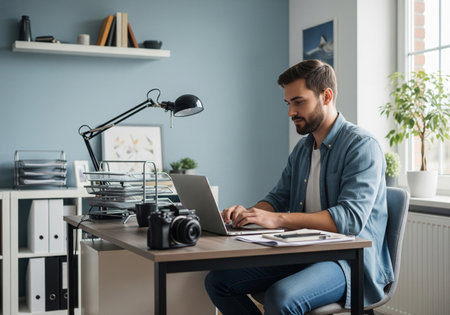 Young Man Working on Laptop at Home Office Deskの素材
