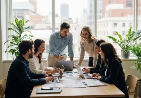 Business professionals walking and talking in a modern office hallwayの素材