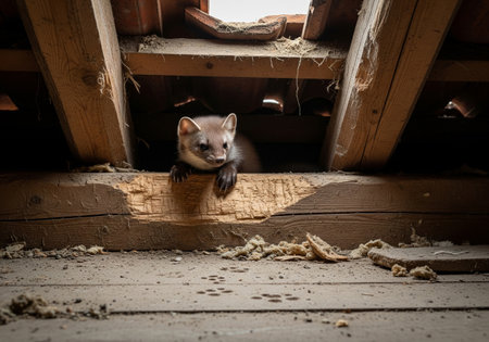 Marten Climbing Down from Attic Roof Beamsの素材