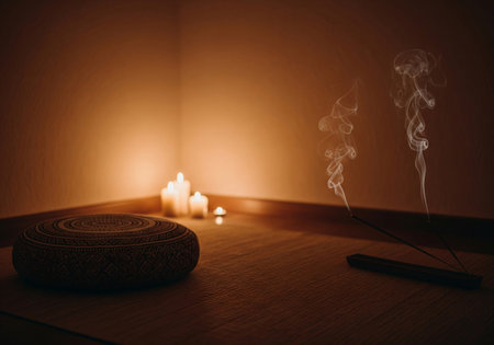 Zen Corner with Meditation Cushion, Candles, and Incense Smokeの素材