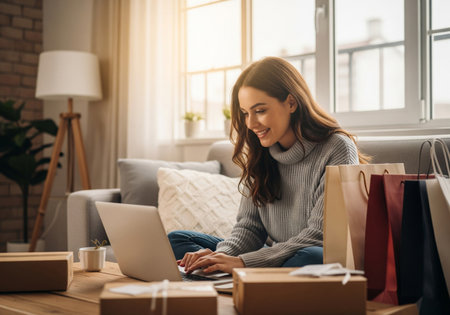 Happy woman online shopping on a laptop with shopping bags at homeの素材