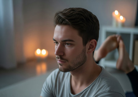 Contemplative Young Man Meditating in a Candlelit Roomの素材