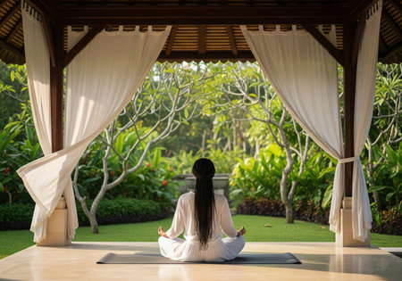 Woman Meditating in a Secluded Outdoor Yoga Pavilionの素材