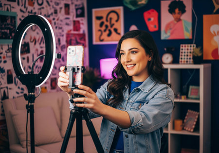 Smiling Young Woman Setting Up Smartphone for Video Content Creationの素材