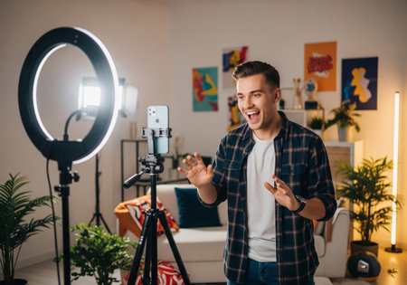 Young Man Vlogging and Engaging with Audience Using Ring Lightの素材
