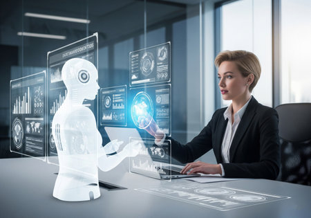 Business team engaged in a lively discussion in a creative office spaceの素材