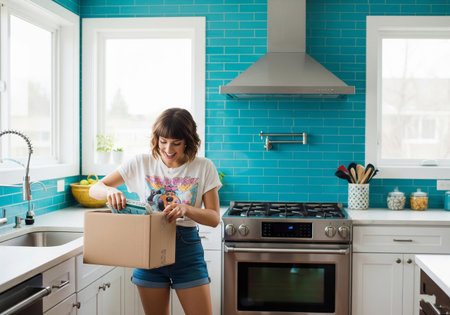 Happy woman unboxing a delivery package in a vibrant teal kitchenの素材