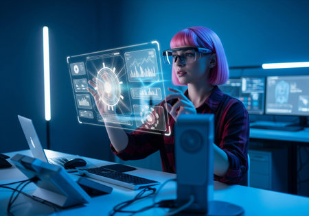 Female Programmer in VR Glasses Working with Holographic Interfaceの素材