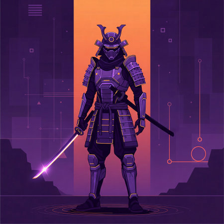 Full-body illustration of a futuristic samurai warrior in purple armor holding a glowing katana against a neon backgroundの素材