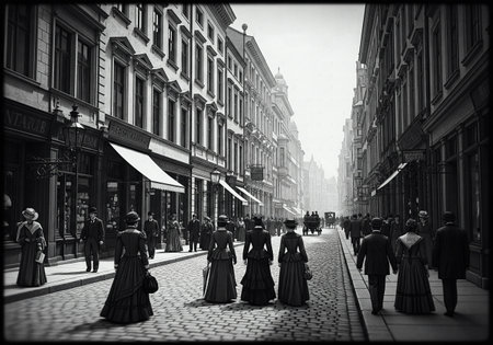 Vintage black and white photo of people in 19th-century attire walking on a cobblestone street lined with tall buildingsの素材