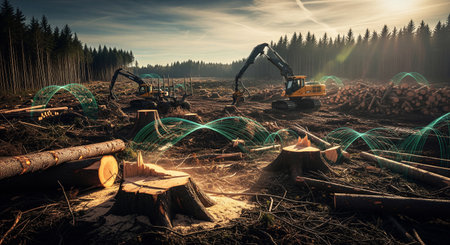 Logging site with heavy machinery and tree stumps, featuring glowing blue data waves representing environmental trackingの素材