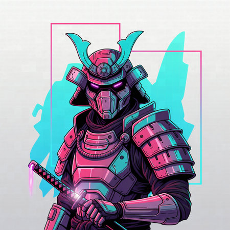 Illustration of a cyber-samurai warrior in pink and cyan armor drawing a glowing katana against a neon backgroundの素材