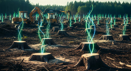 Vast field of tree stumps with glowing, twisted green and blue light spirals rising into the airの素材