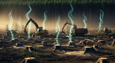 Logging machinery in a clear-cut forest where glowing, ethereal blue smoke rises from the tree stumpsの素材